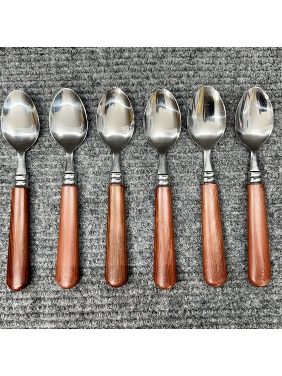 Farberware Other - Faberware Silverware Lot Of 6 Spoons Faux Wood Brown Handle Set Oval Vintage